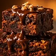 Brownies empilhados com calda de chocolate