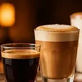 Espresso e café com leite em copos de vidro