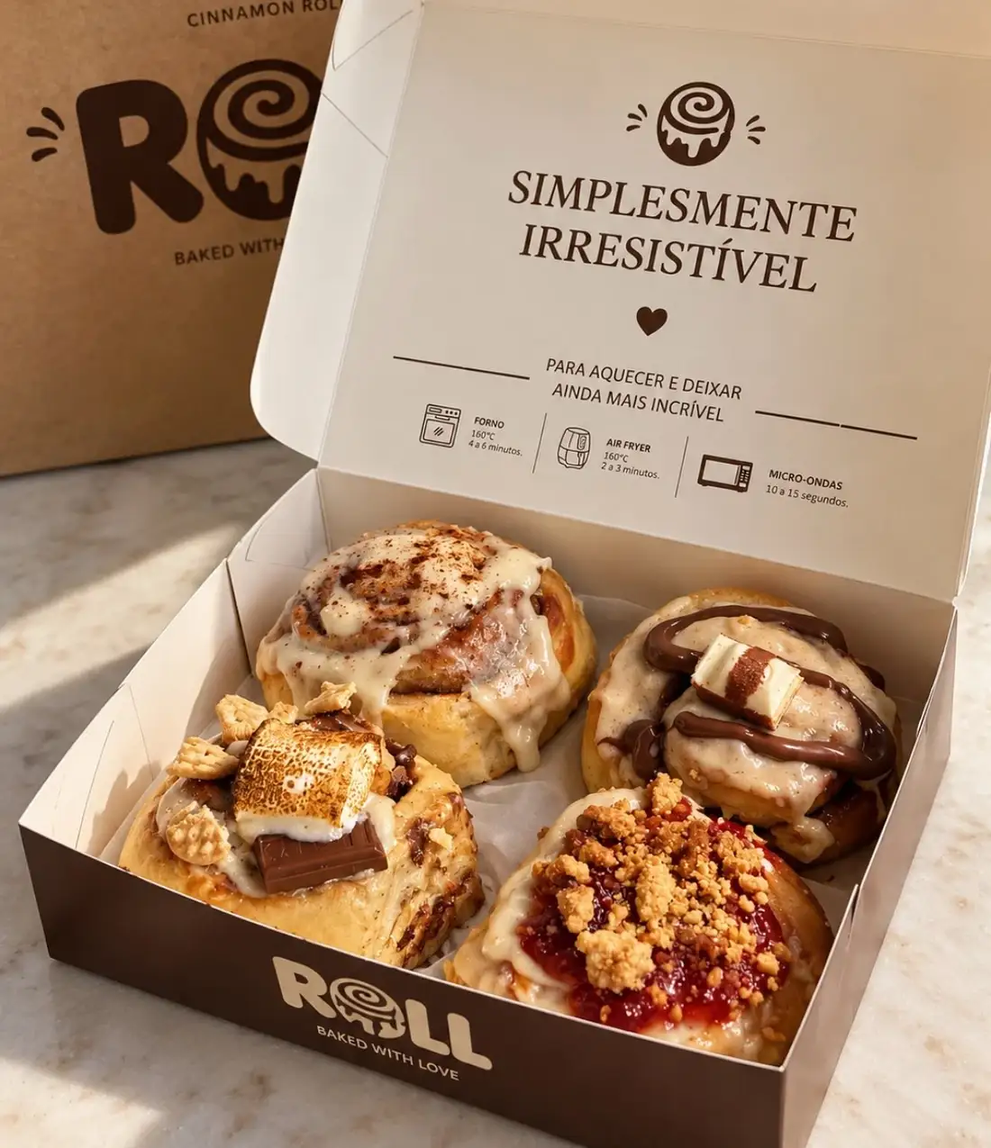 Caixa da Roll aberta com quatro cinnamon rolls de sabores diferentes