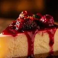 Fatia de cheesecake com calda de frutas vermelhas