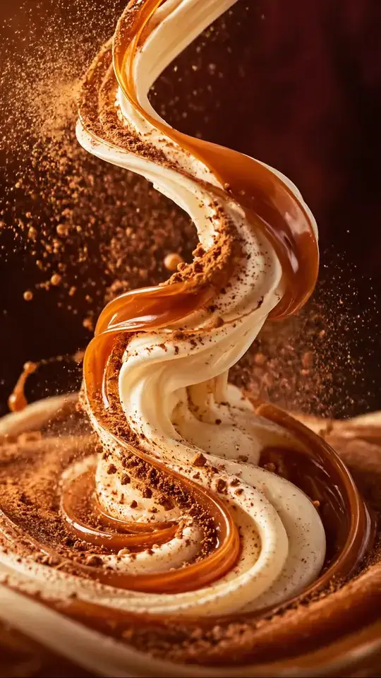 Espiral de creme e caramelo polvilhada de canela, em movimento