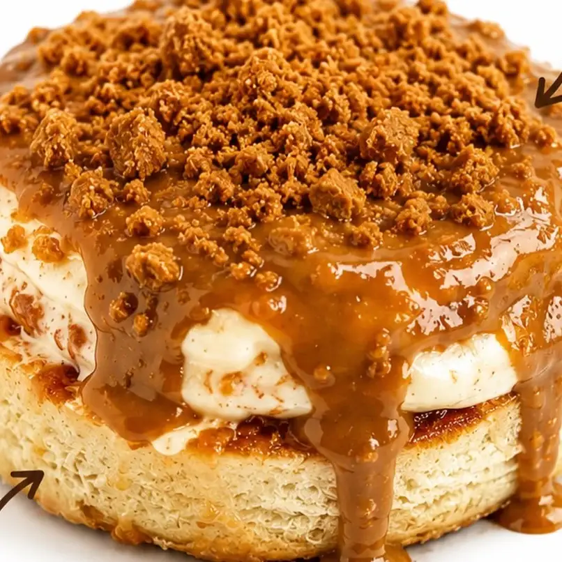 Cinnamon roll de Biscoff com creme e biscoito triturado
