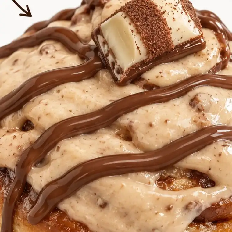 Close de um cinnamon roll da Roll com glacê de Kinder Bueno, fios de Nutella e um pedaço de Kinder