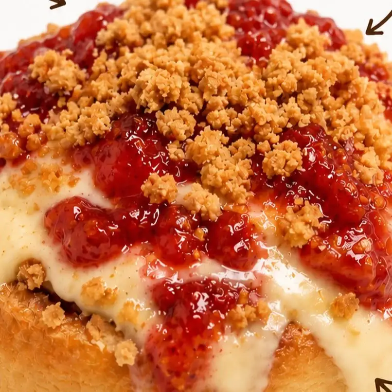 Cinnamon roll Mood cheesecake com geleia de morango e crumble